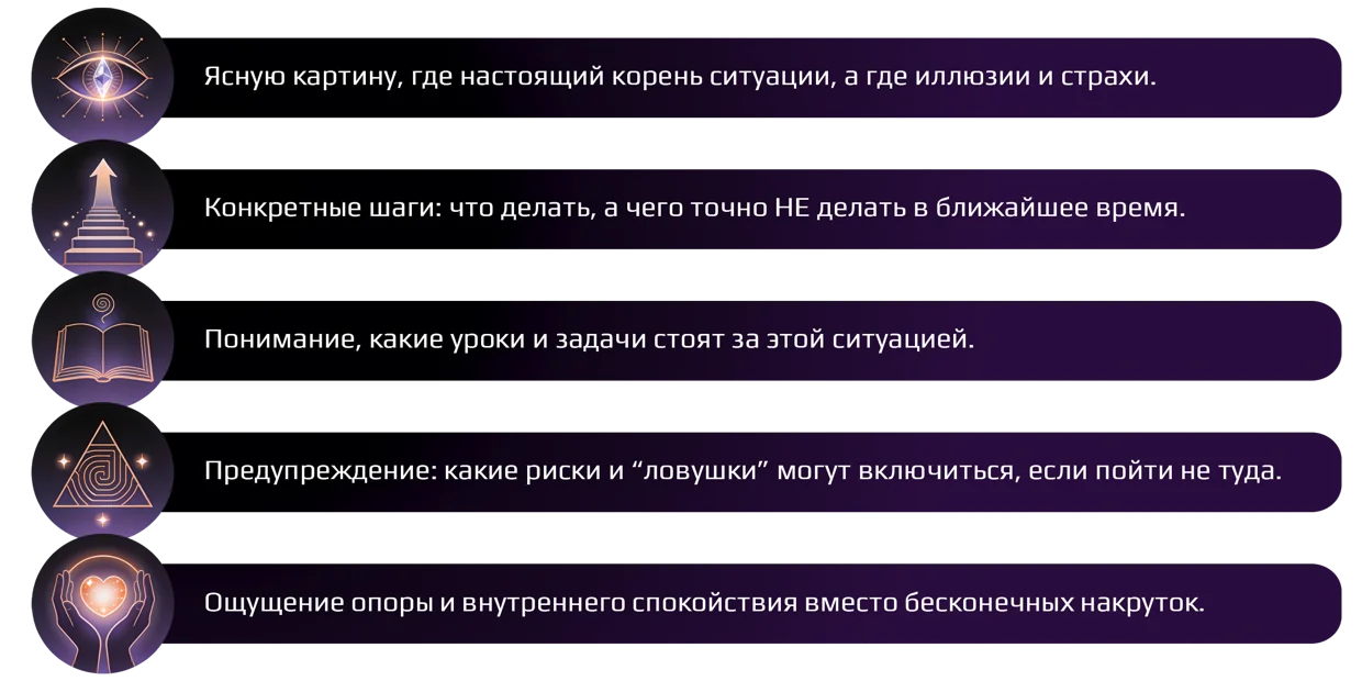Ясную картину, где настоящий корень ситуации, а где иллюзии и страхи. Конкретные шаги: что делать, а чего точно не делать в ближайшее время. Понимание, какие уроки и задачи стоят за этой ситуацией. Предупреждение: какие риски и «ловушки» могут включиться, если пойти не туда. Ощущение опоры и внутреннего спокойствия вместо бесконечных накруток.